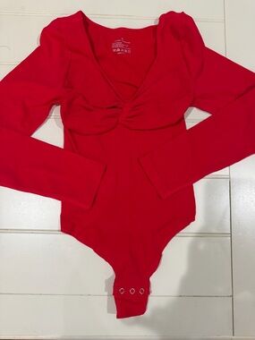 Women’s Long Sleeve Red Twist-Front Bodysuit